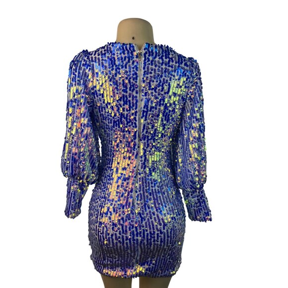 Women's Blue Sequin Puff Sleeve Mini Dress With Deep V-Nec Sz S - Picture 3 of 8